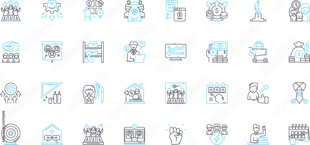 Office space linear icons set. Desk, Chair, Meeting, Collaboration, Coffee, Ph, Printer line vector and concept signs. File,Bookshelf,Statiry outline illustrations