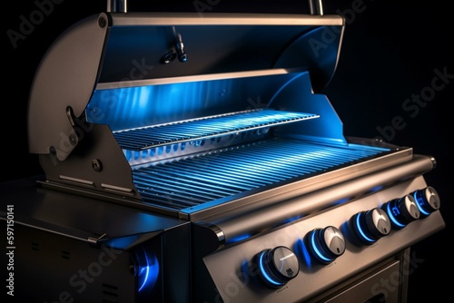 A stainless steel gas BBQ grill with an open cover and control knobs with blue LED lights on a white background. Includes LED lights and portable kettle design for outdoor cooking. Generative AI