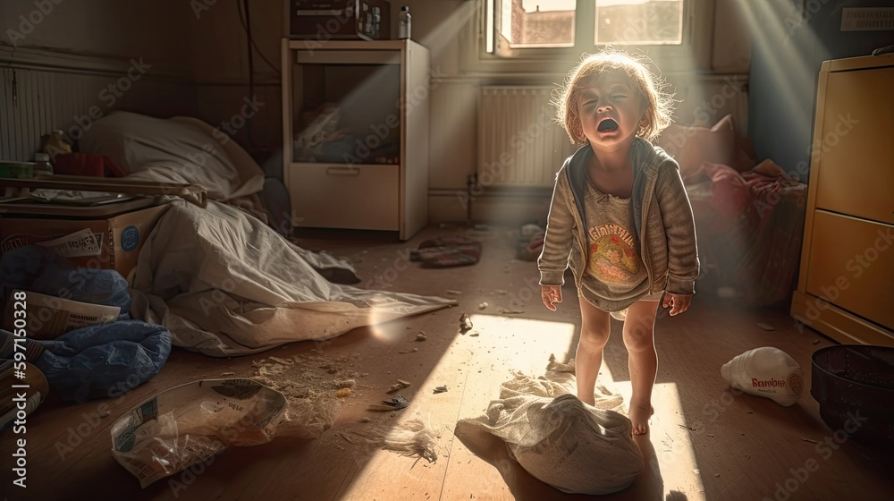Crying sad boy in dirty cluttered apartment child from dysfunctional