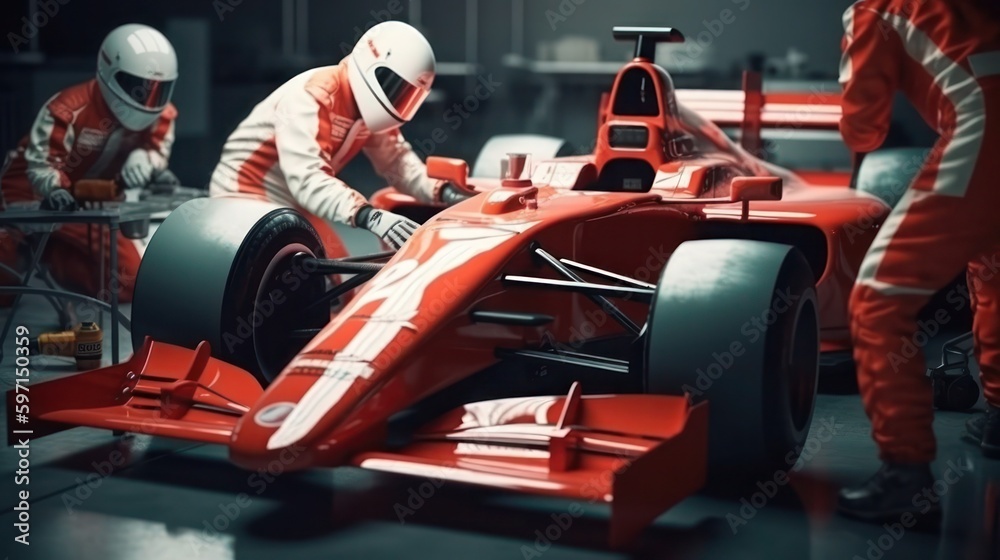 Fototapeta premium Formula 1, racing car at pit stop, maintenance technical team, generative ai