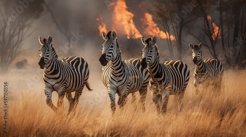 Scared zebras family runs away from grassland fire, largest prairie wildfire natural disaster, frightened zebras fleeing for save their lives, thick acrid smoke from burning grassland, generative AI photo