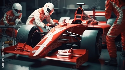 Formula 1, racing car at pit stop, maintenance technical team, generative ai © AI BLONDY