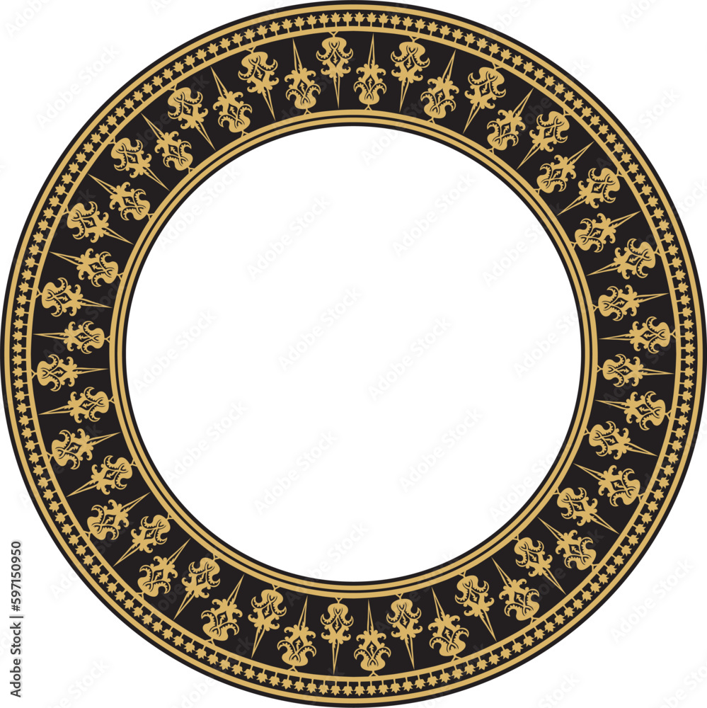 Vector golden and black round byzantine ornament. Circle, border, frame of ancient Greece and Eastern Roman Empire. Decoration of the Russian Orthodox Church.. Vector golden and black round byzantine ornament. Circle, border, frame of ancient Greece and Eastern Roman Empire. Decoration of the Russian Orthodox Church..