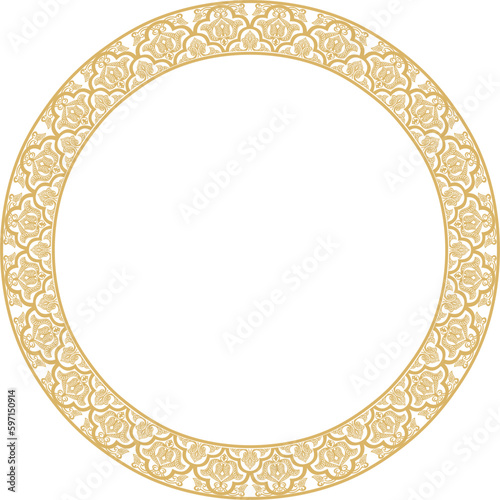 Vector golden round oriental ornament. Arabic patterned circle of Iran, Iraq, Turkey, Syria. Persian frame, border..