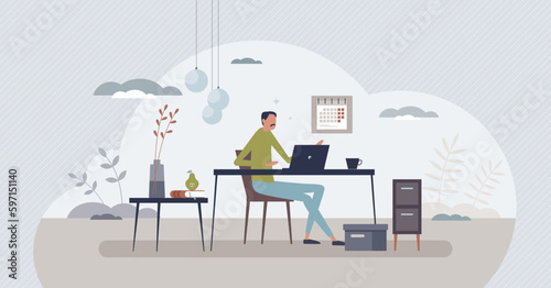 Home office organization and work from home time management tiny person concept. Effective business tasks in cozy  loft style apartment vector illustration. Workspace for freelancer job and study.