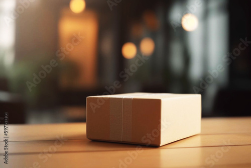 Parcel Box on Wooden Board Table Top with Blurred Interior and Home Background, Mockup for Product Display © Thares2020