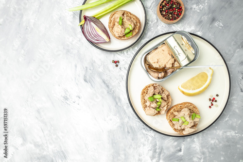 open sandwiches with cod liver and green onion, Natural source of omega 3. banner, menu, recipe place for text, top view