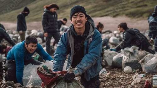 Volunteers picking up trash on the beach. Ecology concept. Ai generative