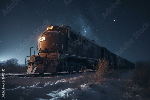 Winter locomotive under starry sky. Generative AI