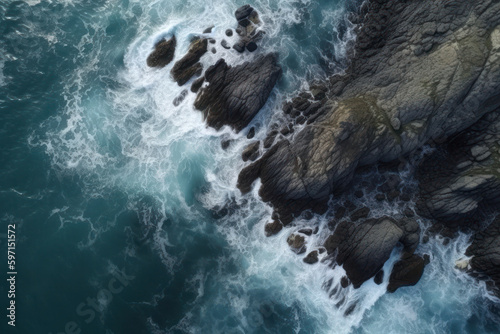 Aerial top view of sea waves and rocky coast, created with Generative AI technology
