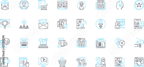 Advertising strategy linear icons set. Segmentation, Positioning, Differentiation, Personalization, Targeting, Branding, Creativity line vector and concept signs. Messaging,Media,Placement outline