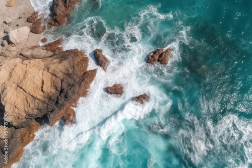 Aerial top view of sea waves and rocky coast  created with Generative AI technology