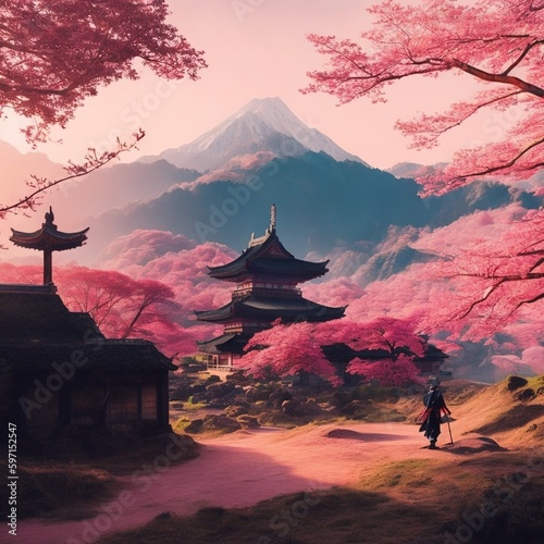 Pinker Kirschbaum vor Bergszenerie - Asien (Malerischer Stil)