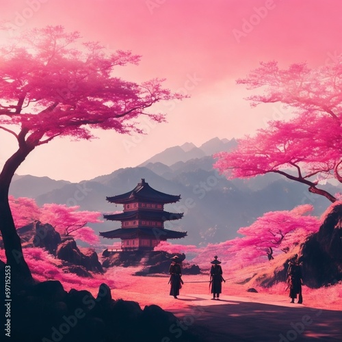 Pinker Kirschbaum vor Bergszenerie - Asien  Malerischer Stil 
