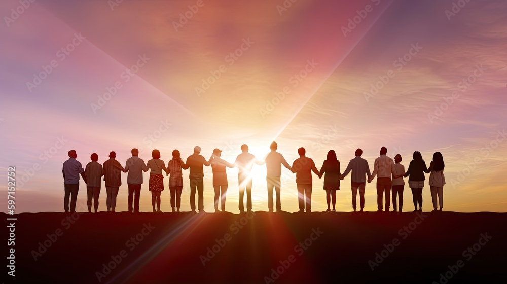 A group of people holding hands at the sunset. Hope Day Concept. Generative AI A group of people holding hands at the sunset. Hope Day Concept. Generative AI