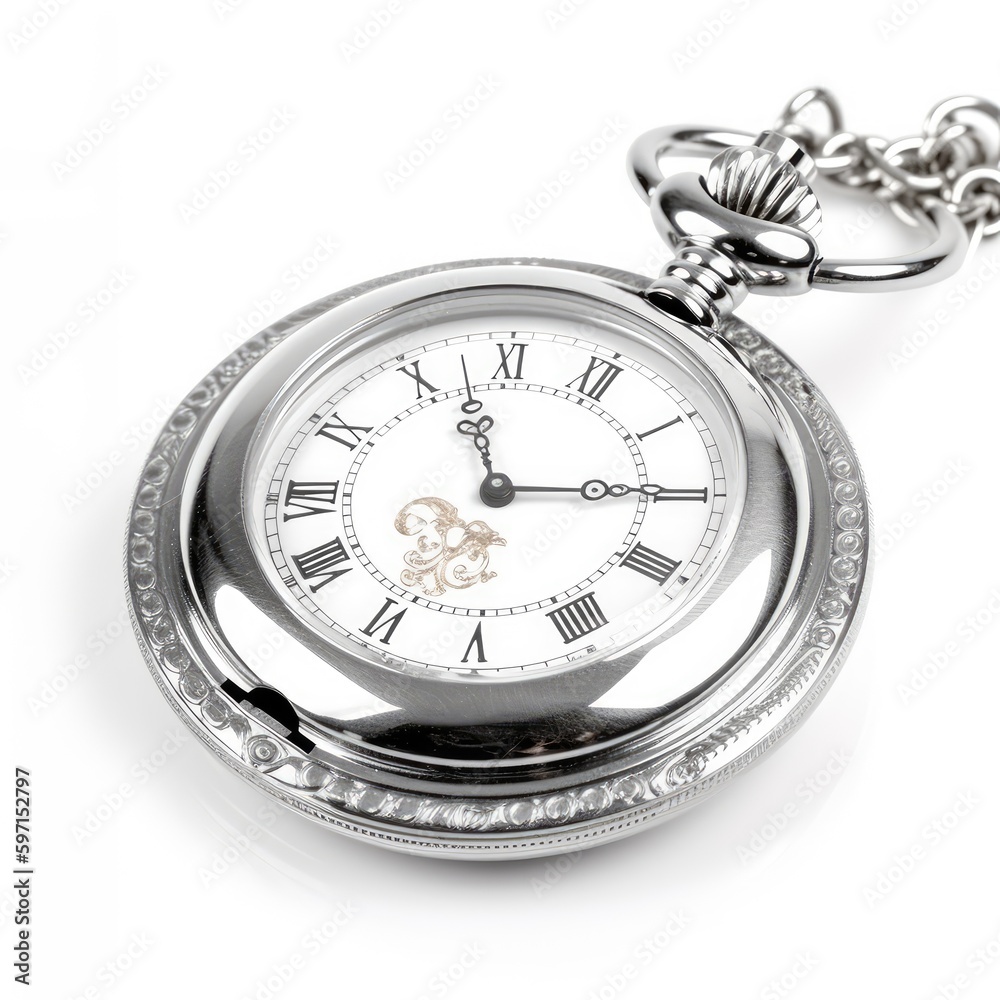 An elegant silver pocket watch isolated on white background. Generative AI