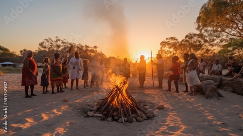 Mabo Day ceremony with Indigenous Australians performing dances around a bonfire. Generative AI