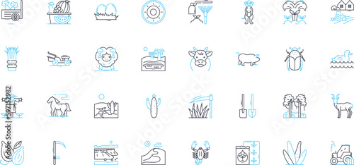 Farming linear icons set. Agriculture, Harvest, Tractor, Crops, Livestock, Fertilizer, Irrigation line vector and concept signs. Rural,Harvesting,Land outline illustrations