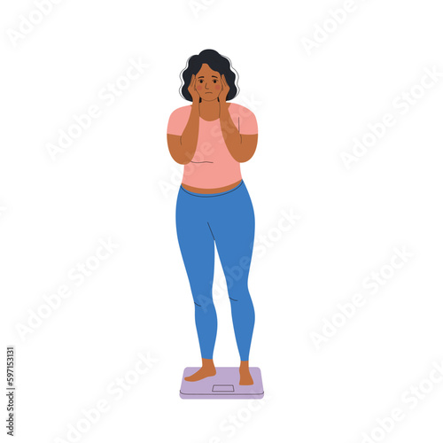 Sad depressed fat overweight woman stand on scales shocked by weight gain. Vector flat style cartoon  illustration