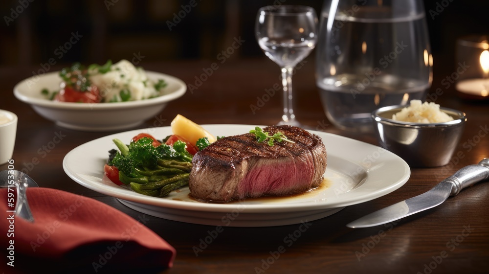 National Steakhouse Month table setting with a mouthwatering steak with vegetables. Generative AI National Steakhouse Month table setting with a mouthwatering steak with vegetables. Generative AI