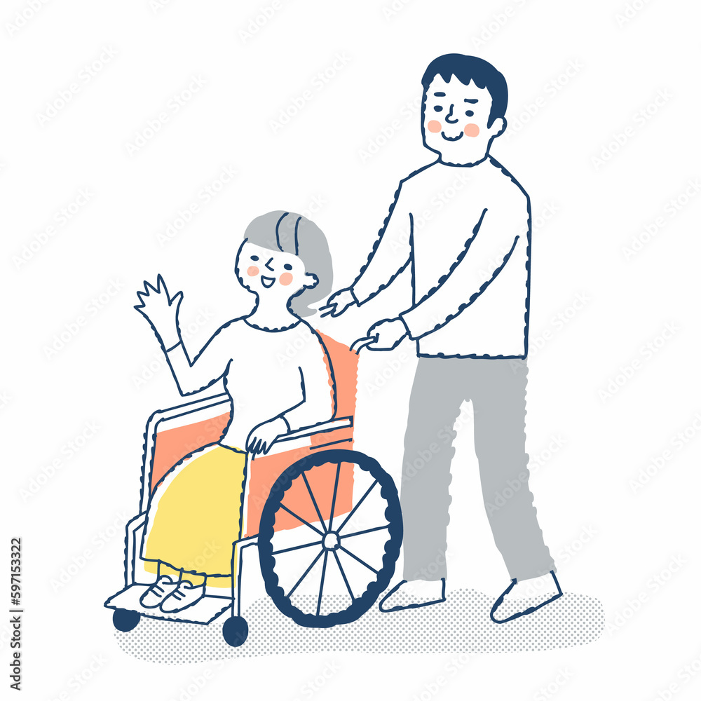 車椅子に乗る若い女性と介助する男性 車椅子に乗る若い女性と介助する男性