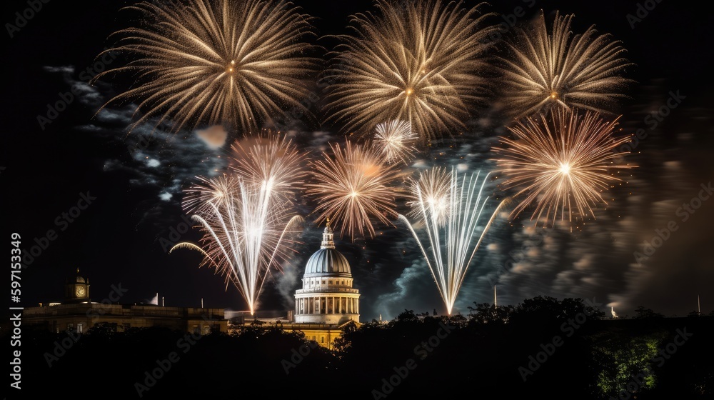 Fototapeta premium Platinum Jubilee bank holiday fireworks display illuminating lights. Generative AI