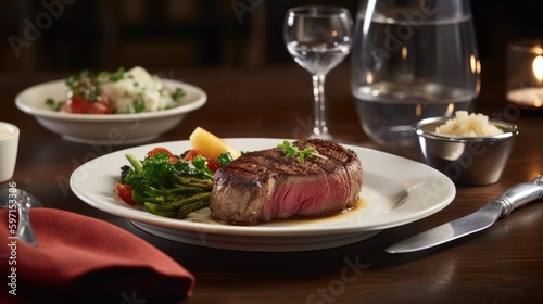 National Steakhouse Month table setting with a mouthwatering steak with vegetables. Generative AI