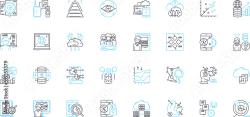 Market reporting linear icons set. Analytics, Trends, Insights, Data, Industry, Analysis, Forecasting line vector and concept signs. Performance,Statistics,Research outline illustrations