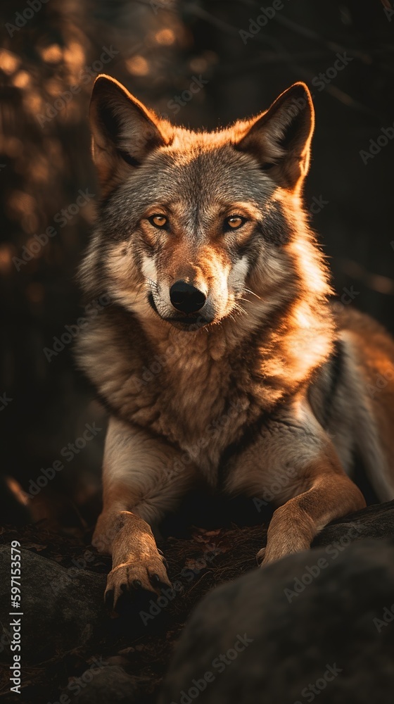 Nature photography a wolf resting on a rock. Generative ai