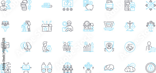 Business opening linear icons set. Inauguration, Launch, Debut, Commencement, Introduction, Premiere, Establishment line vector and concept signs. Kickoff,Opening,Unveiling outline illustrations photo