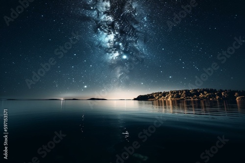 Calm waters and celestial sky. Generative AI