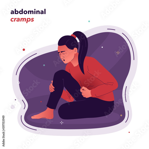 Vector illustration of a girl sitting on the floor who is experiencing pain in her stomach. The girl has abdominal cramps, which makes her feel bad. Symptoms of poisoning, gastritis, gastroenteritis.