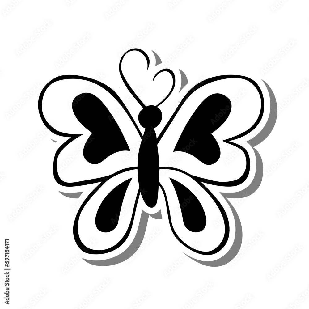 Hearts Butterfly spread wings. Line art elements on white silhouette and gray shadow, hand-drawn graphics. Isolated on white background, Vector illustration. Hearts Butterfly spread wings. Line art elements on white silhouette and gray shadow, hand-drawn graphics. Isolated on white background, Vector illustration.