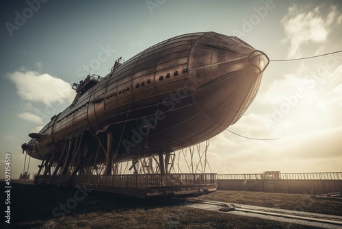 A large airship with elongated shape and gas-filled envelope that can be steered and propelled through the air. Generative AI photo