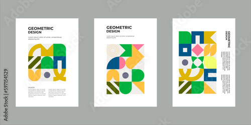 Colorful neo geometric poster. Grid with color geometrical shapes. Modern abstract promotional flyer background illustration set. Geometric template poster, brochure neo pattern