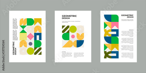 Colorful neo geometric poster. Grid with color geometrical shapes. Modern abstract promotional flyer background illustration set. Geometric template poster, brochure neo pattern