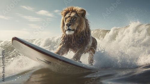 A lion on a surfboard in the ocean, generative AI