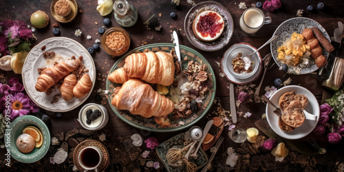 A Continental breakfast captured from above was created with generative AI.- generative ai