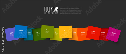 Infographic full year timeline template made from color squares on dark background