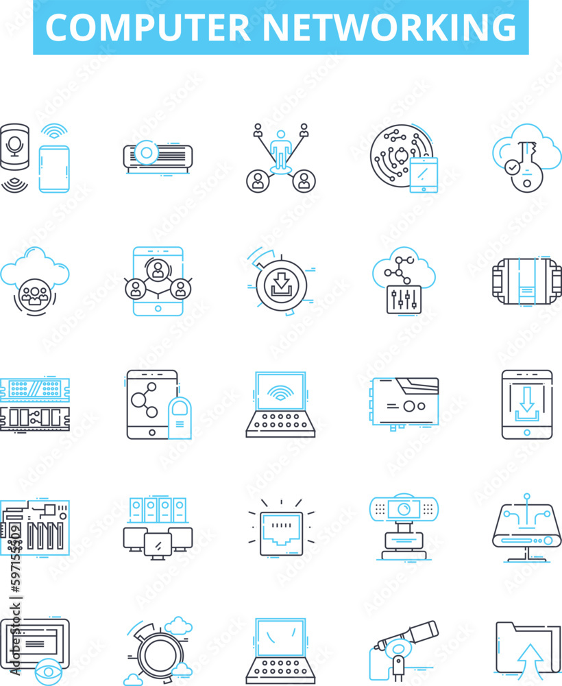 Computer networking vector line icons set. Networking, Computer, Ethernet, TCP/IP, Wi-Fi, Routers, Switch illustration outline concept symbols and signs Computer networking vector line icons set. Networking, Computer, Ethernet, TCP/IP, Wi-Fi, Routers, Switch illustration outline concept symbols and signs
