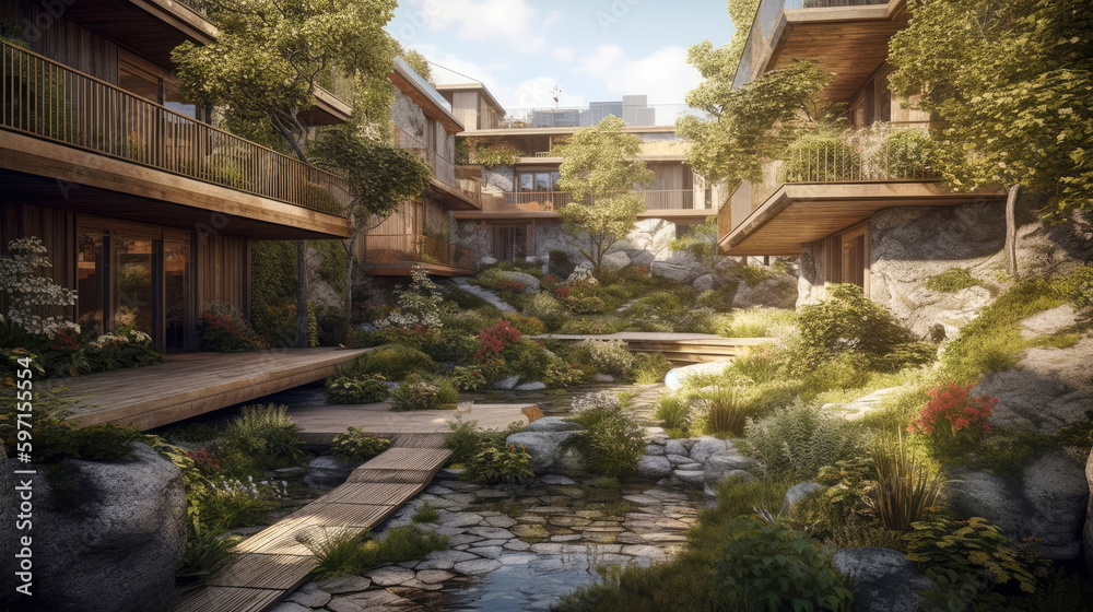 Private garden that merges modernist design principles with the contemporary Scandinavian residential architecture that captures the minimalist and contemporary design philosophy. Generative AI Private garden that merges modernist design principles with the contemporary Scandinavian residential architecture that captures the minimalist and contemporary design philosophy. Generative AI