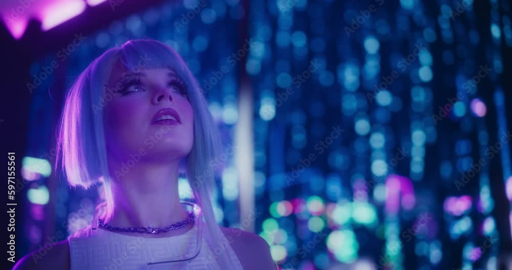 Beautiful Retro-Futuristic Portrait of a Human Gamer Girl Resembling an Android Robot with Artificial Intelligence, Travelling in Modern City with Neon Lights and Colorful Cyberpunk Vibe Beautiful Retro-Futuristic Portrait of a Human Gamer Girl Resembling an Android Robot with Artificial Intelligence, Travelling in Modern City with Neon Lights and Colorful Cyberpunk Vibe