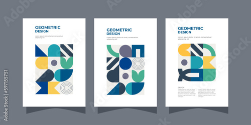 Colorful neo geometric poster. Grid with color geometrical shapes. Modern abstract promotional flyer background illustration set. Geometric template poster, brochure neo pattern