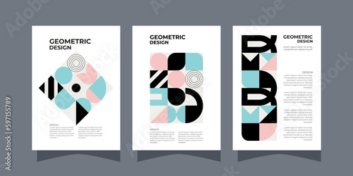 Colorful neo geometric poster. Grid with color geometrical shapes. Modern abstract promotional flyer background illustration set. Geometric template poster, brochure neo pattern