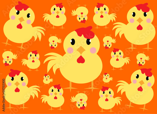 Texture vector illustration with chickens, chick, artwork, pattern.