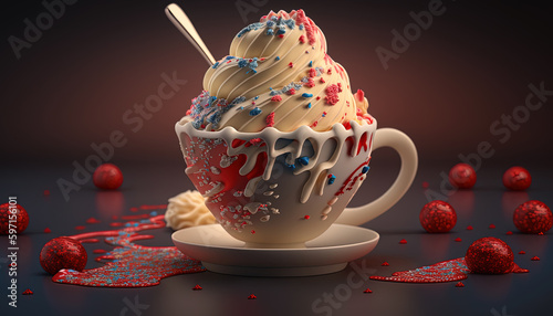 A Ornamental Cup of Molten Venilla And Red Cherry Ice Cream With Sprinkles in Deffereent Colors AI Generative photo