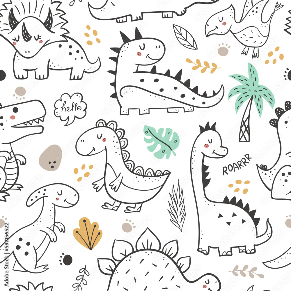 Obraz premium Seamless pattern with hand drawn dinosaurs.