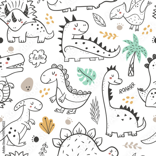 Seamless pattern with hand drawn dinosaurs. © nafanya241