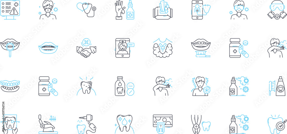 Oral hygiene linear icons set. Toothpaste, Brushing, Flossing, Mouthwash, Dentist, Plaque, Tartar line vector and concept signs. Cavities,Gingivitis,Halitosis outline illustrations Oral hygiene linear icons set. Toothpaste, Brushing, Flossing, Mouthwash, Dentist, Plaque, Tartar line vector and concept signs. Cavities,Gingivitis,Halitosis outline illustrations