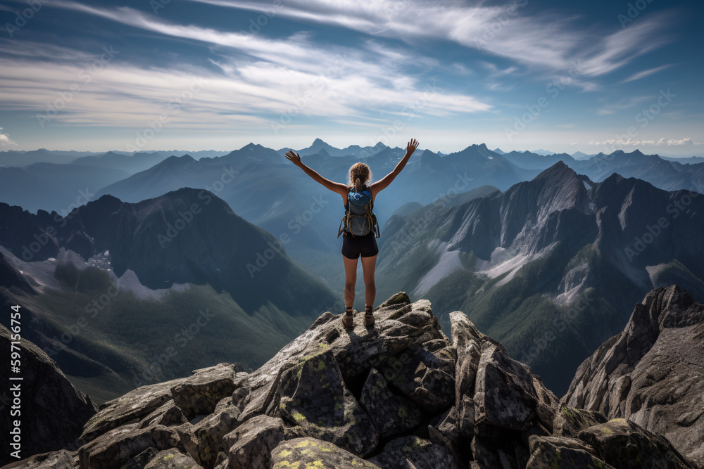 Exhilarated young woman reaching the summit of a challenging hike